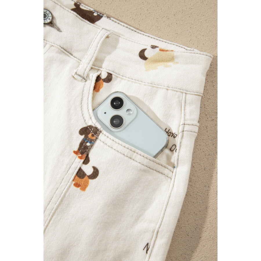 White Abstract Dog Print Wide Leg Full-Length Jeans Bottoms/Jeans