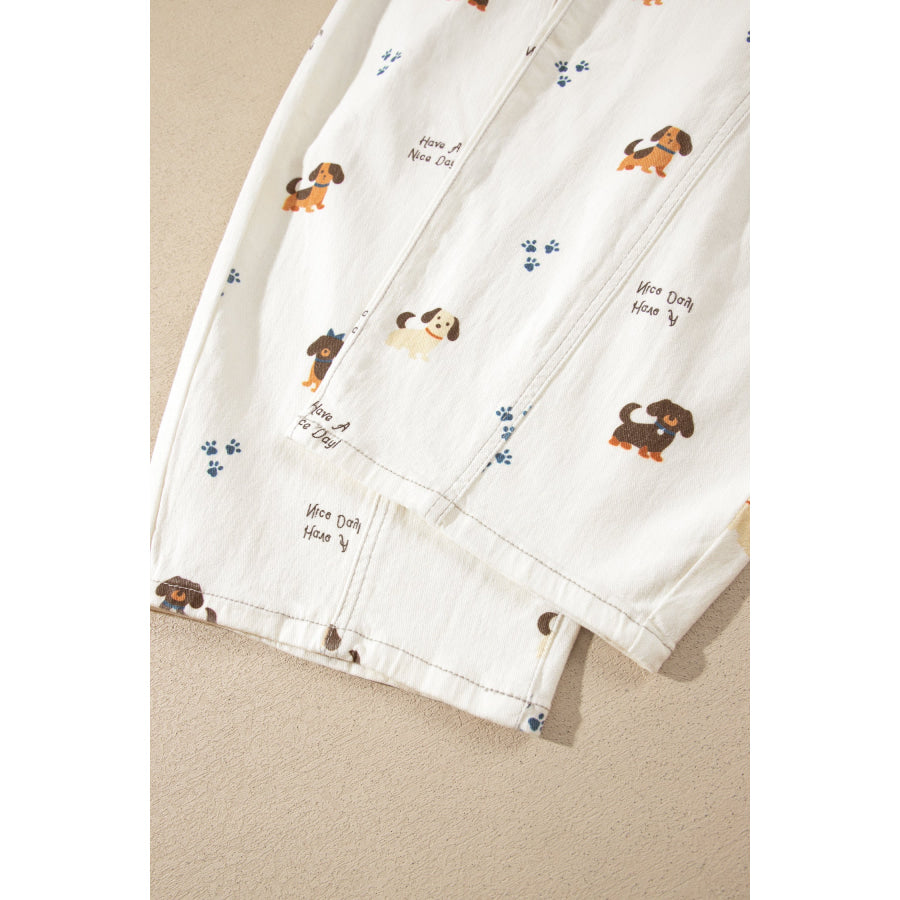 White Abstract Dog Print Wide Leg Full-Length Jeans Bottoms/Jeans