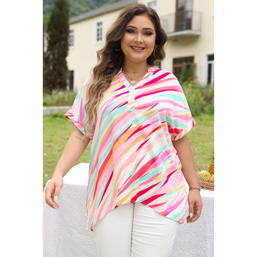 White Abstract Print Short Sleeve Notched Neck Plus Size Top Plus Size/Plus Size Tops/Plus Size Blouses &amp; Shirts