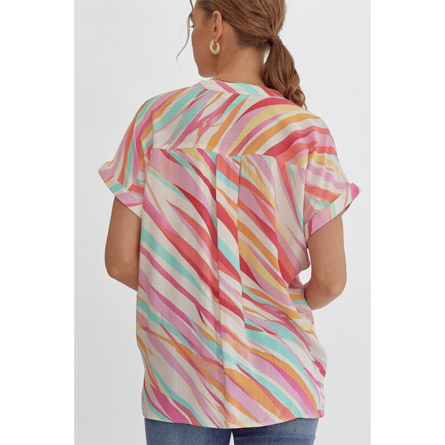 White Abstract Print Short Sleeve Notched Neck Plus Size Top Plus Size/Plus Size Tops/Plus Size Blouses &amp; Shirts