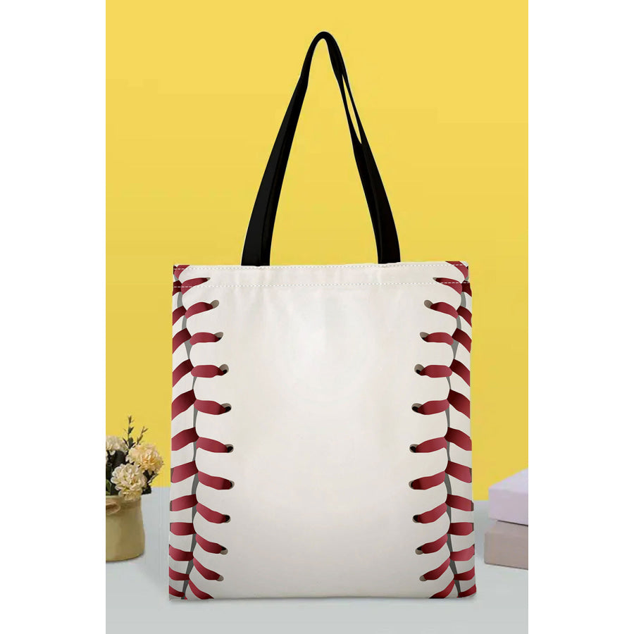 White Baseball Print Canvas Tote Bag White / ONE SIZE / 100% Polyester Shoes &amp; Bags/Handbags