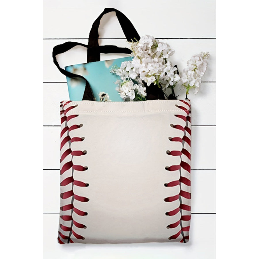 White Baseball Print Canvas Tote Bag White / ONE SIZE / 100% Polyester Shoes &amp; Bags/Handbags