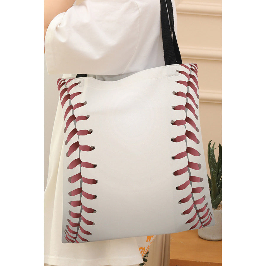 White Baseball Print Canvas Tote Bag White / ONE SIZE / 100% Polyester Shoes &amp; Bags/Handbags