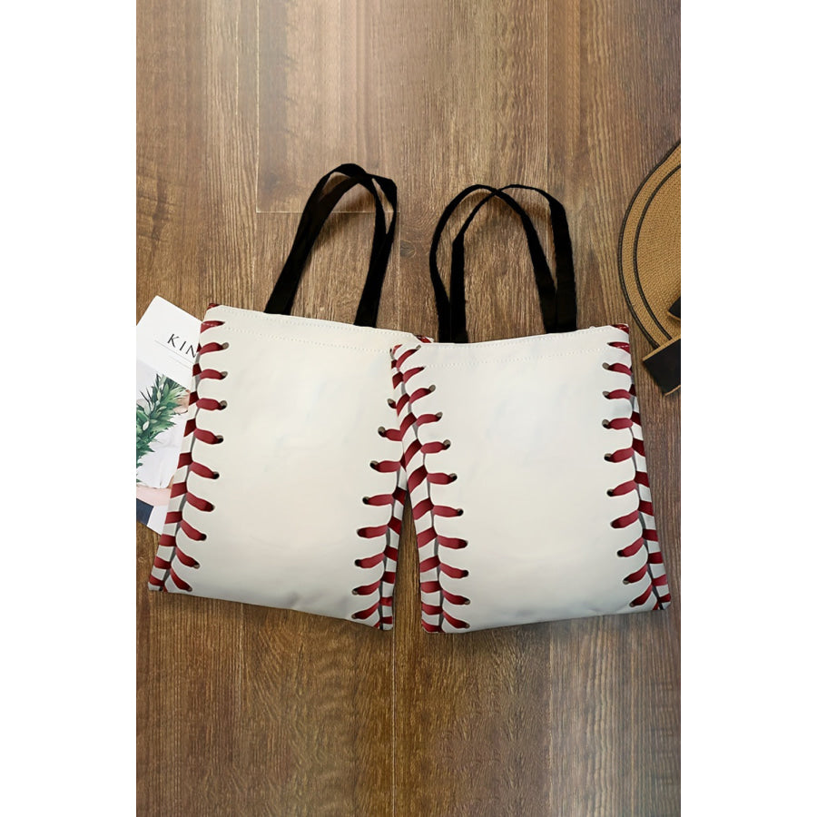 White Baseball Print Canvas Tote Bag White / ONE SIZE / 100% Polyester Shoes &amp; Bags/Handbags