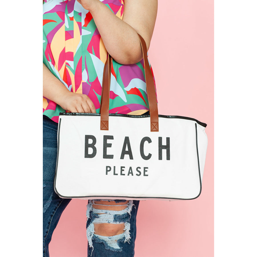 White BEACH PLEASE Print Large Canvas Tote Bag Bright White / ONE SIZE / 100% Polyester Shoes & Bags/Handbags
