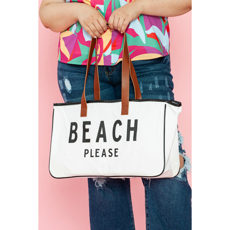 White BEACH PLEASE Print Large Canvas Tote Bag Bright White / ONE SIZE / 100% Polyester Shoes & Bags/Handbags