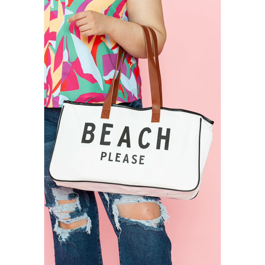 White BEACH PLEASE Print Large Canvas Tote Bag Bright / ONE SIZE / 100% Polyester Shoes & Bags/Handbags