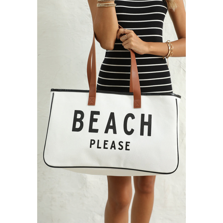 White BEACH PLEASE Print Large Canvas Tote Bag Bright / ONE SIZE / 100% Polyester Shoes & Bags/Handbags
