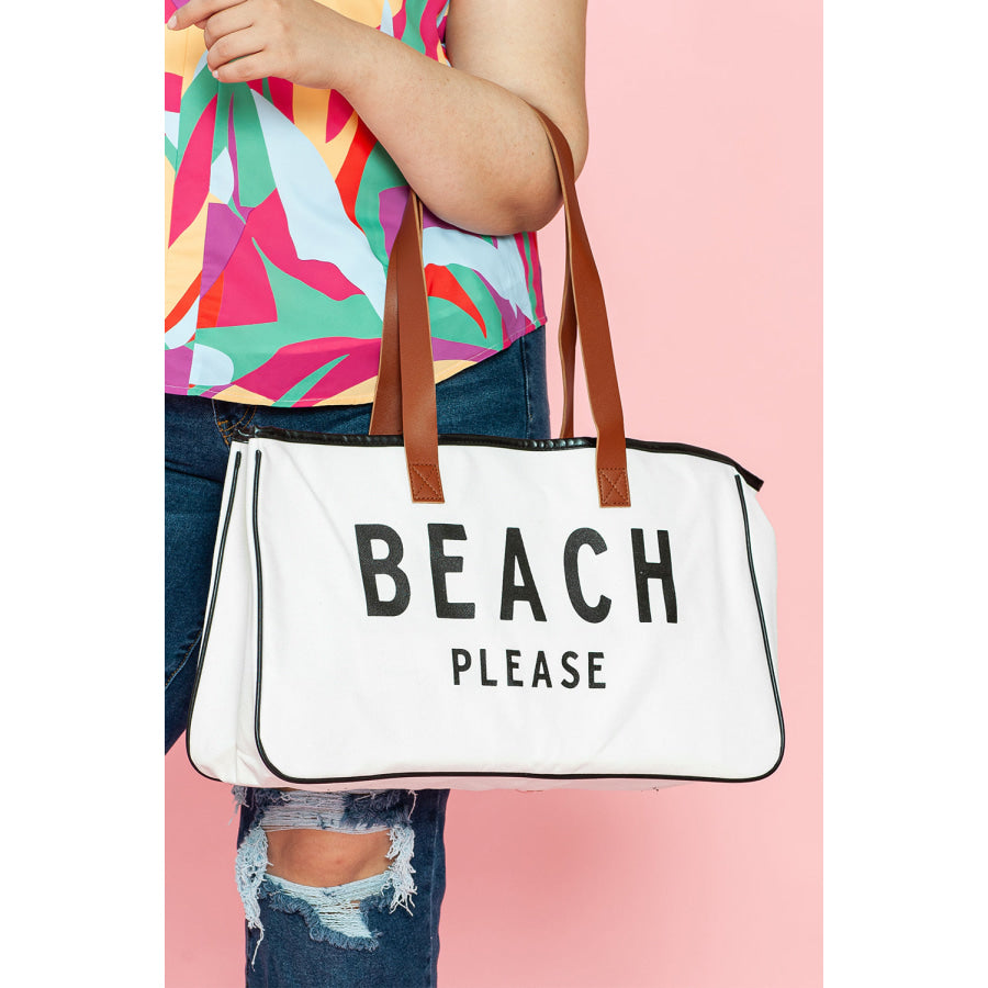 White BEACH PLEASE Print Large Canvas Tote Bag Bright / ONE SIZE / 100% Polyester Shoes & Bags/Handbags