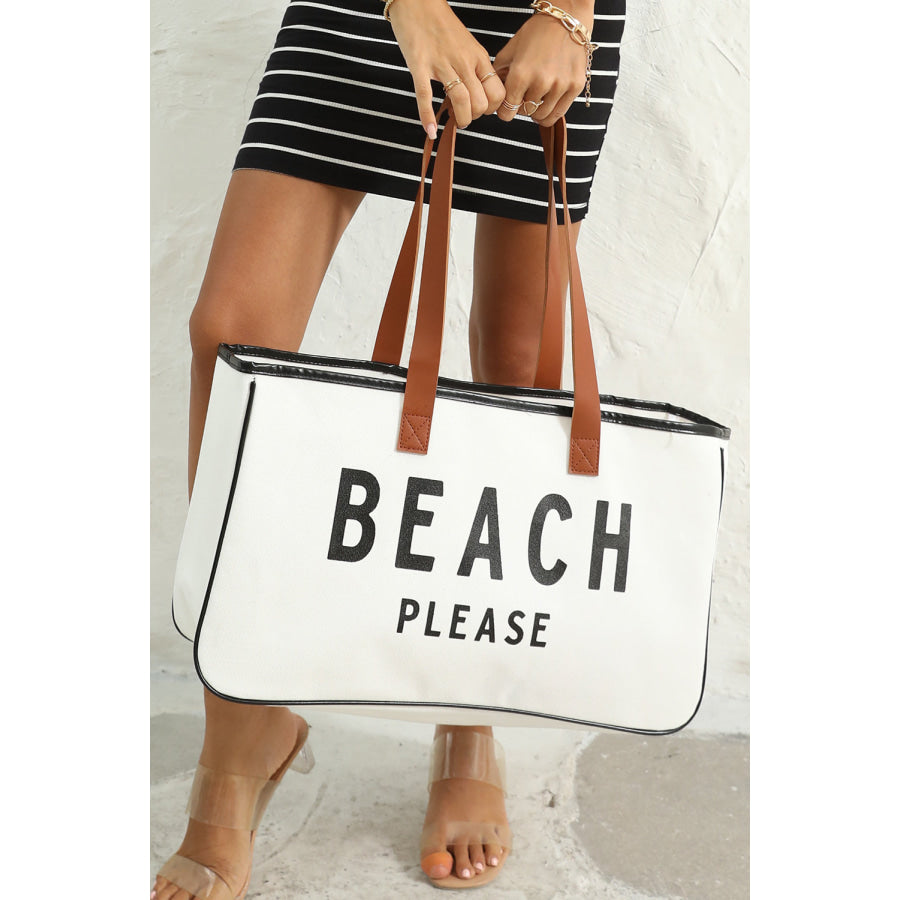 White BEACH PLEASE Print Large Canvas Tote Bag Bright / ONE SIZE / 100% Polyester Shoes & Bags/Handbags