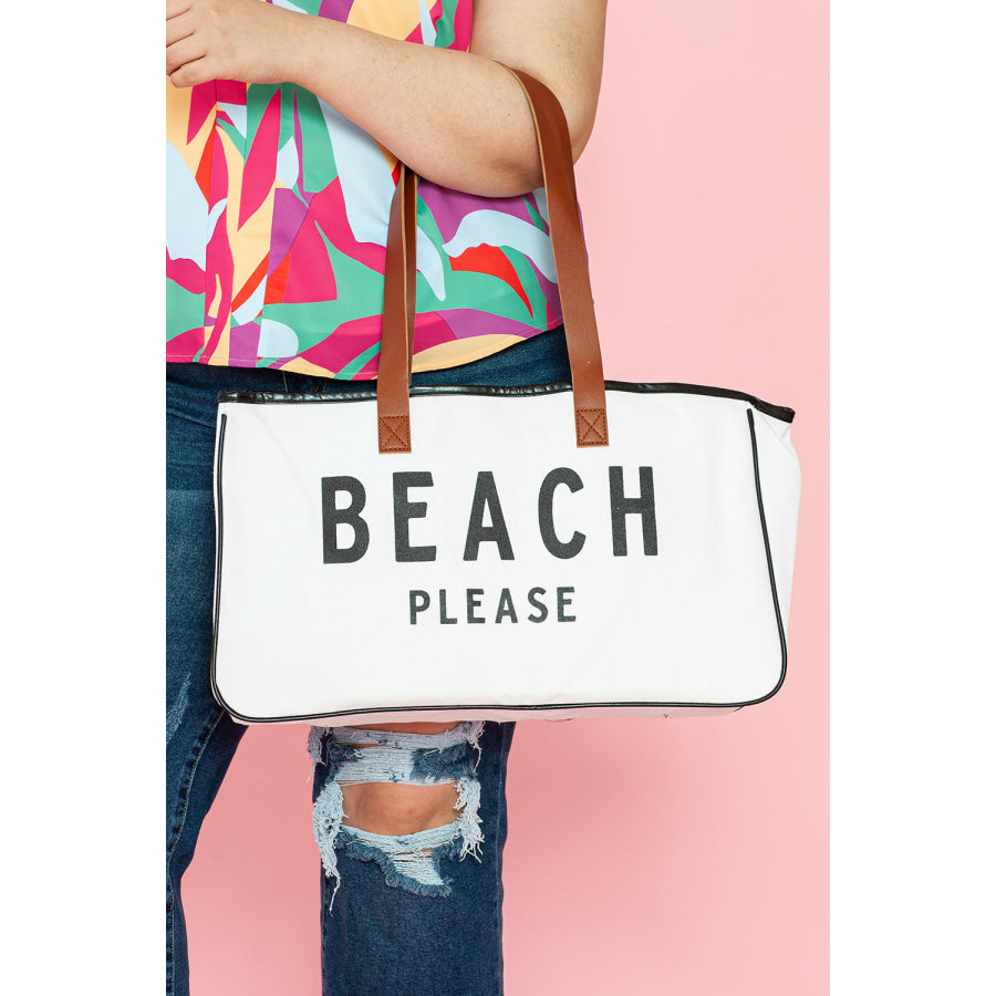 White BEACH PLEASE Print Large Canvas Tote Bag Bright White / ONE SIZE / 100% Polyester Shoes & Bags/Handbags