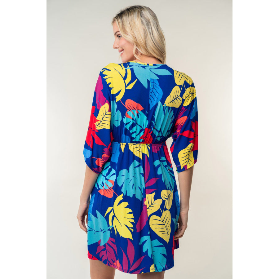 White Birch Full Size Printed V - Neck Mini Dress Multi / S Apparel and Accessories