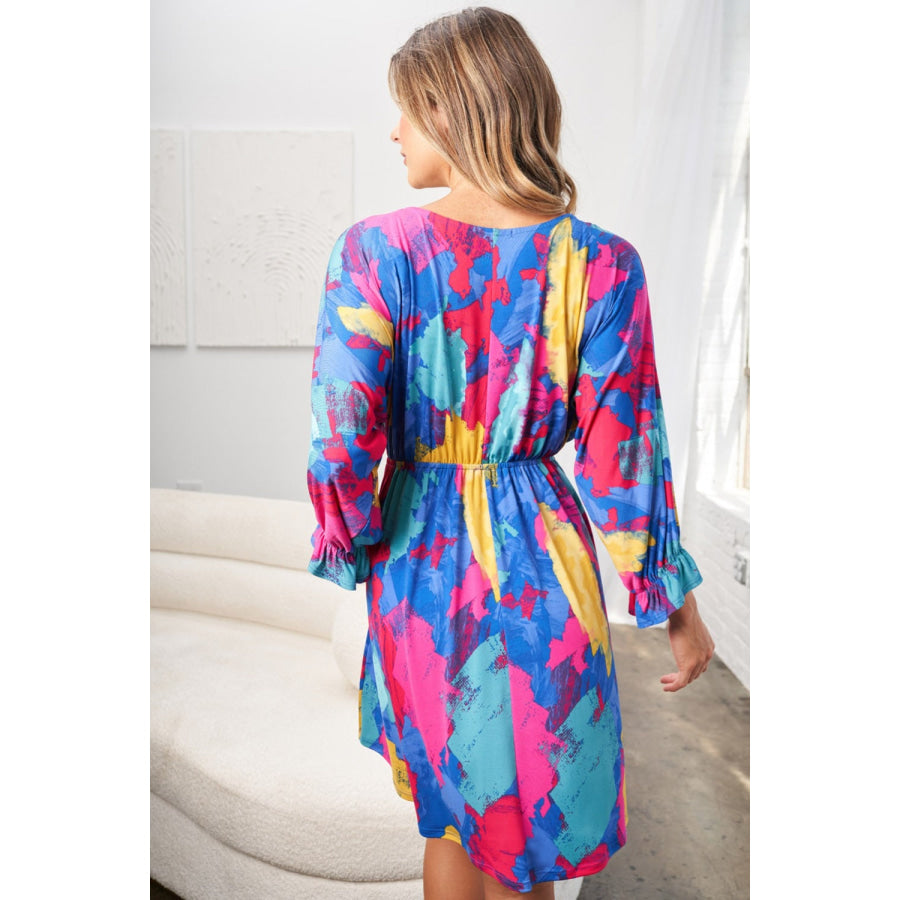 White Birch Full Size Printed V-Neck Mini Dress Blue Multi / S Apparel and Accessories