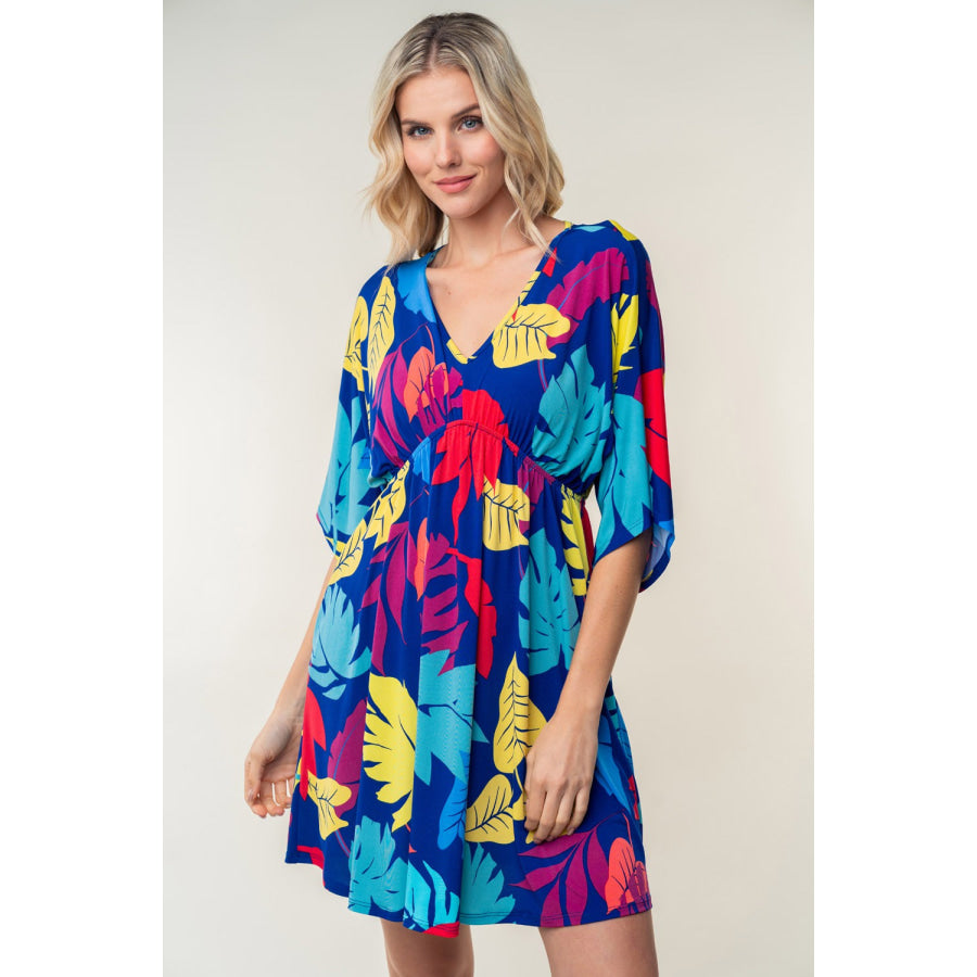 White Birch Full Size Printed V - Neck Mini Dress Multi / S Apparel and Accessories