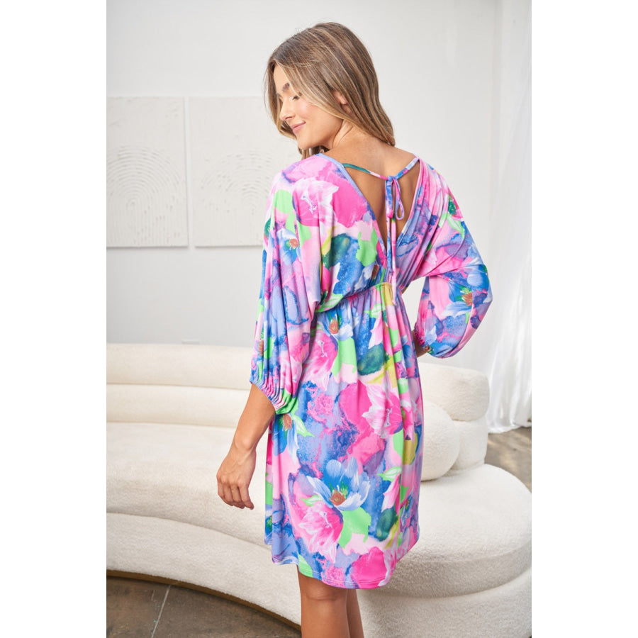 White Birch Full Size Printed V - Neck Tie Back Mini Dress Multi / S Apparel and Accessories