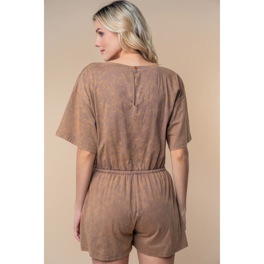 White Birch Full Size Short Sleeve Drawstring Romper Cocoa / S Apparel and Accessories