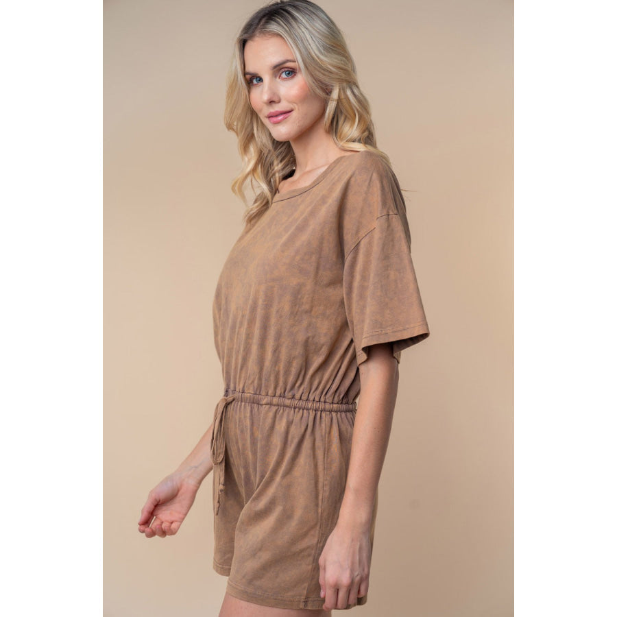 White Birch Full Size Short Sleeve Drawstring Romper Cocoa / S Apparel and Accessories