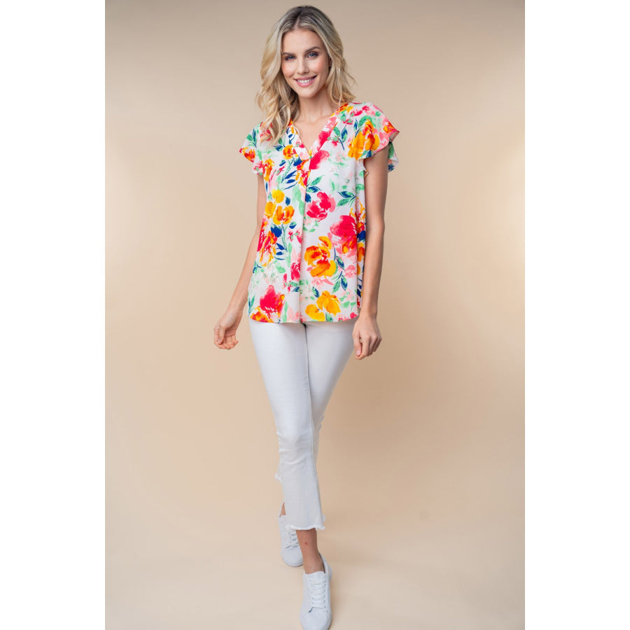 White Birch Full Size Short Sleeve Floral Woven Top Apparel and Accessories