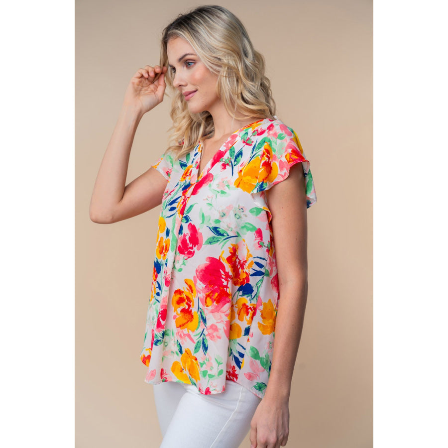 White Birch Full Size Short Sleeve Floral Woven Top Apparel and Accessories