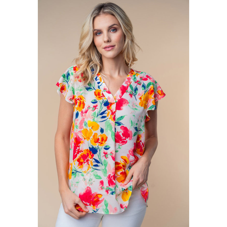 White Birch Full Size Short Sleeve Floral Woven Top White Multi / S Apparel and Accessories