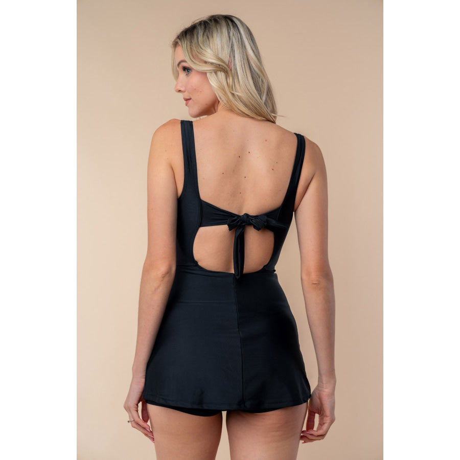 White Birch Full Size Sleeveless Tie Back Performance Knit Swim Dress Black / S Apparel and Accessories