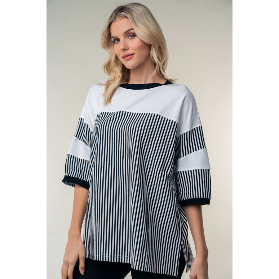 White Birch Full Size Striped Contrast Round Neck Top Apparel and Accessories