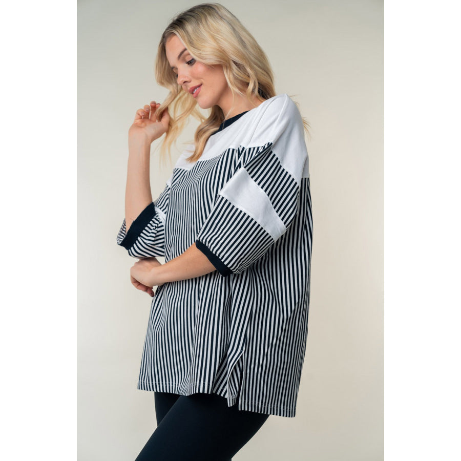 White Birch Full Size Striped Contrast Round Neck Top Apparel and Accessories