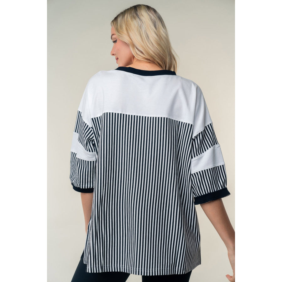 White Birch Full Size Striped Contrast Round Neck Top Apparel and Accessories