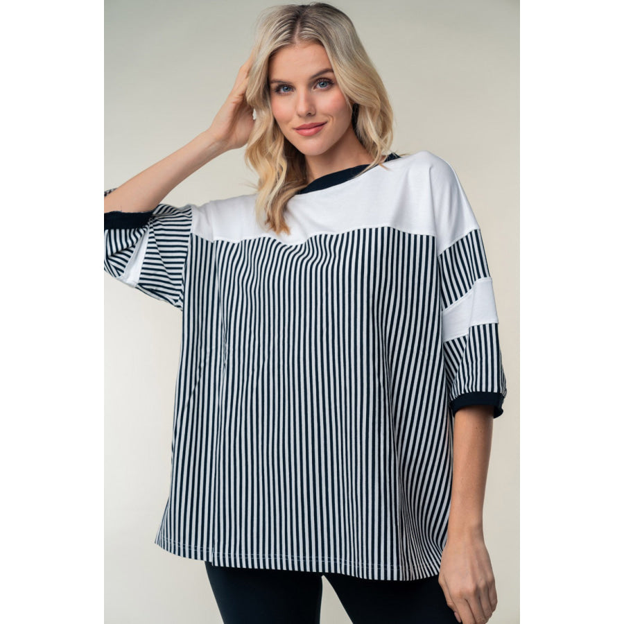 White Birch Full Size Striped Contrast Round Neck Top Black / S Apparel and Accessories