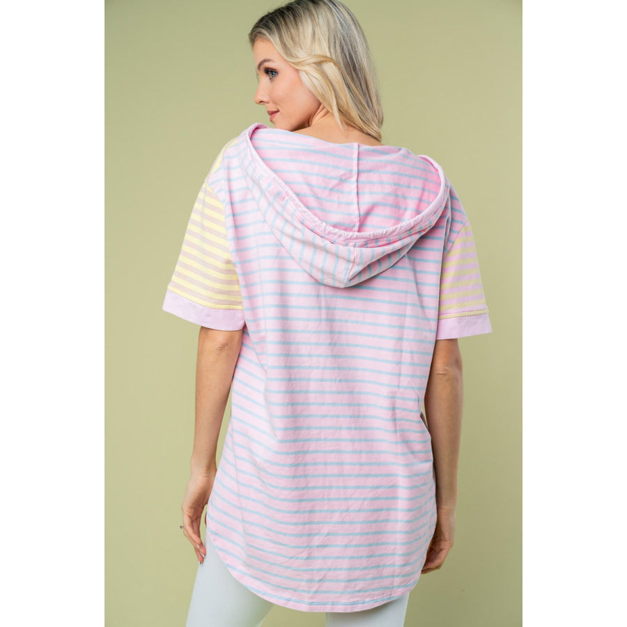 White Birch Full Size Striped Short Sleeve Drawstring Hooded Top Pink Combo / S Apparel and Accessories