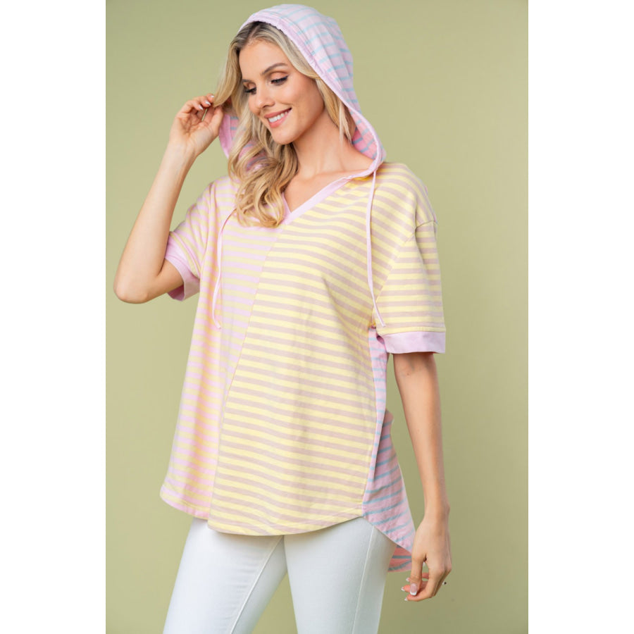White Birch Full Size Striped Short Sleeve Drawstring Hooded Top Pink Combo / S Apparel and Accessories
