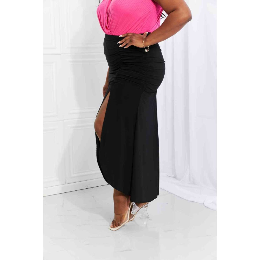 White Birch Full Size Up and Up Ruched Slit Maxi Skirt in Black Black / S Clothing