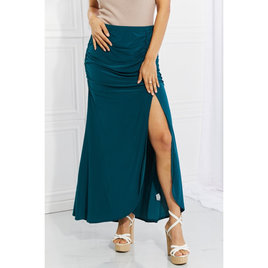 White Birch Full Size Up and Up Ruched Slit Maxi Skirt in Teal Teal / S