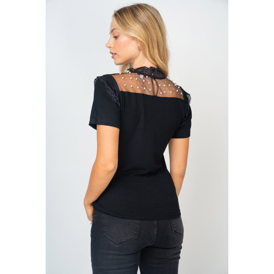 White Birch Mesh Pearl Detail Short Sleeve T - Shirt Black / S Apparel and Accessories