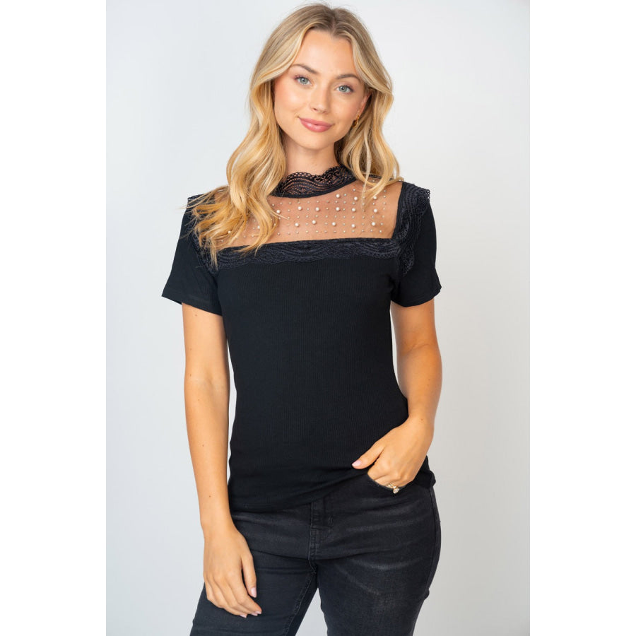 White Birch Mesh Pearl Detail Short Sleeve T - Shirt Black / S Apparel and Accessories