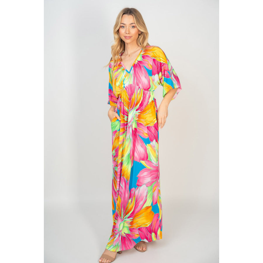 White Birch Printed V - Neck Maxi Dress with Pockets Apparel and Accessories