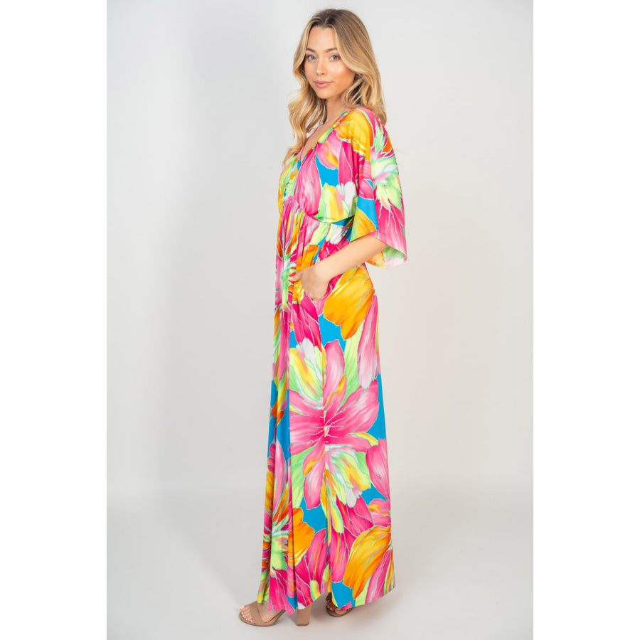 White Birch Printed V - Neck Maxi Dress with Pockets Apparel and Accessories