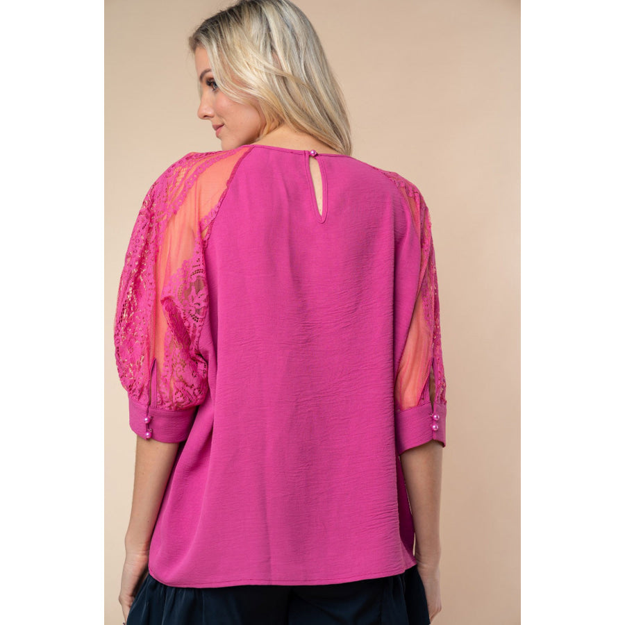 White Birch Round Neck Lace Half Sleeve Blouse Mauve / S Apparel and Accessories