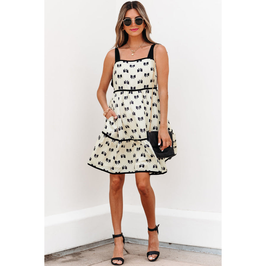 White Bow Knot Color Contrast Trim Knotted Shoulder Mini Dress Dresses/Mini Dresses