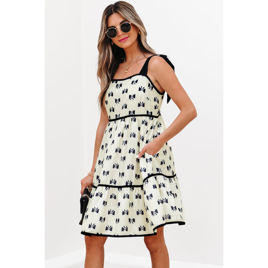 White Bow Knot Color Contrast Trim Knotted Shoulder Mini Dress Dresses/Mini Dresses