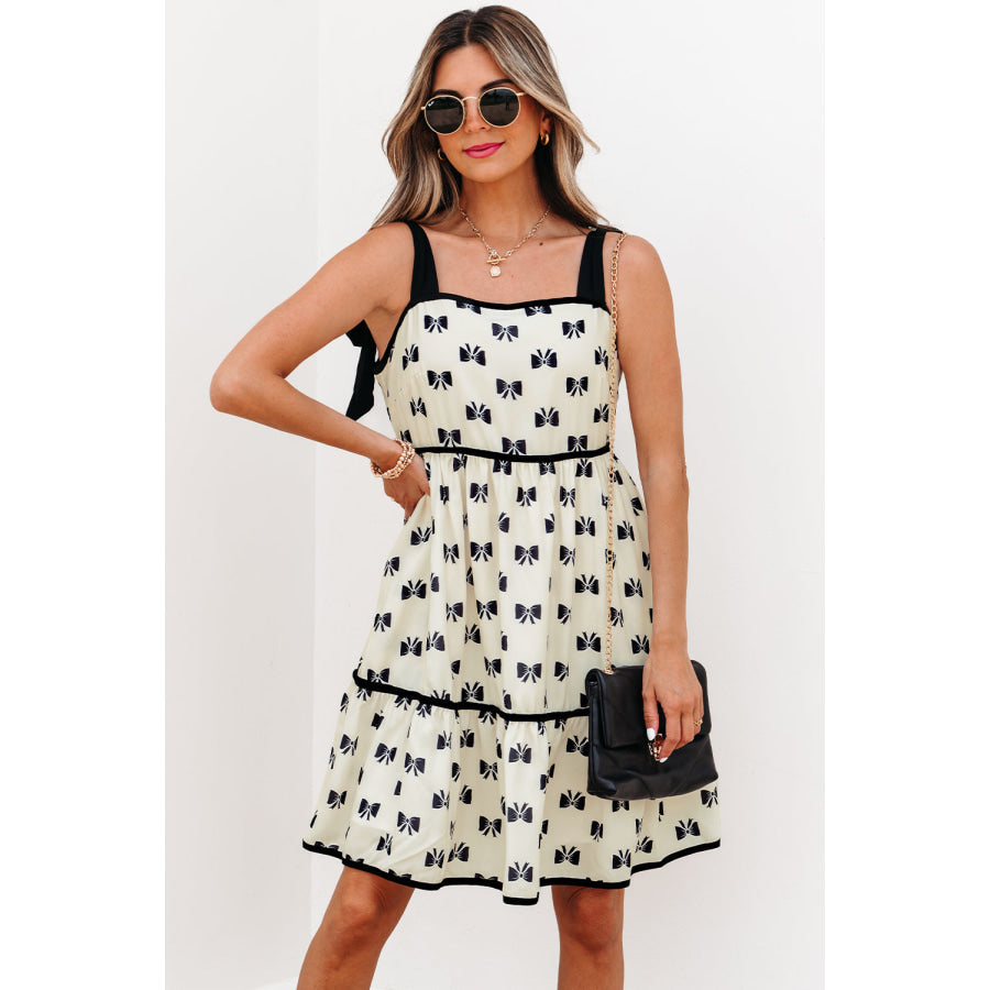 White Bow Knot Color Contrast Trim Knotted Shoulder Mini Dress White / S / 100% Polyester Dresses/Mini Dresses