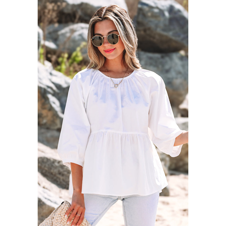 White Bow Knot Cutout Back Loose Fit 3/4 Sleeve Blouse White / S / 100% Cotton Tops/Blouses & Shirts