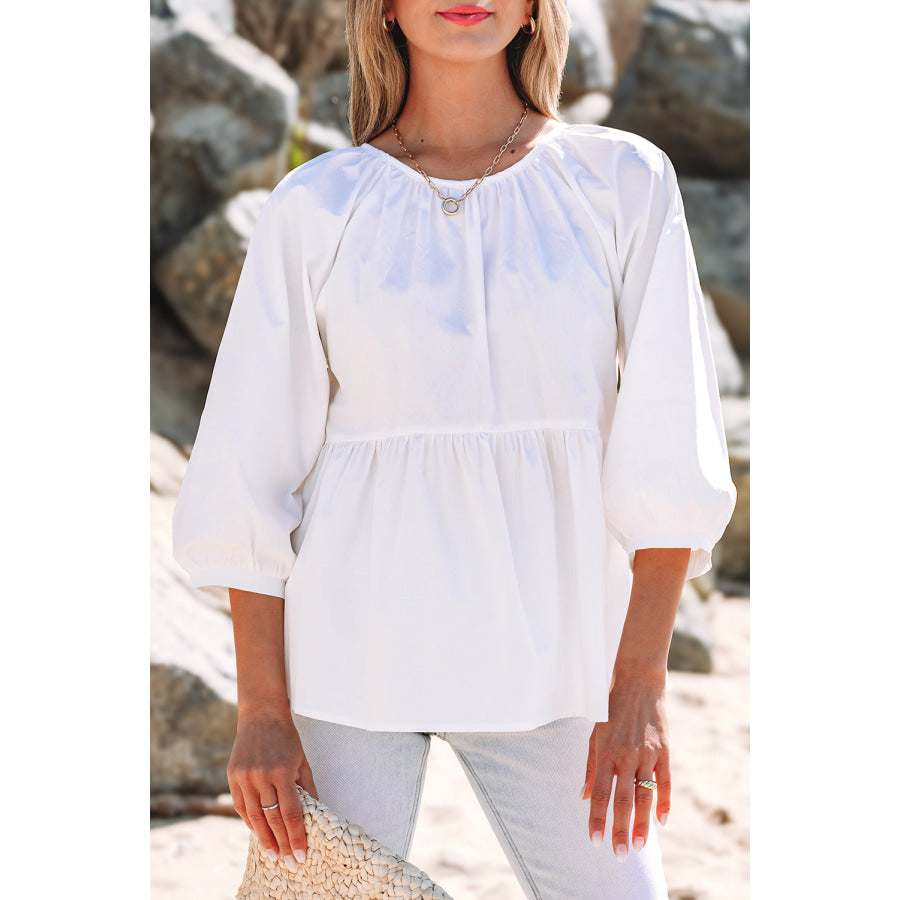 White Bow Knot Cutout Back Loose Fit 3/4 Sleeve Blouse Tops/Blouses & Shirts