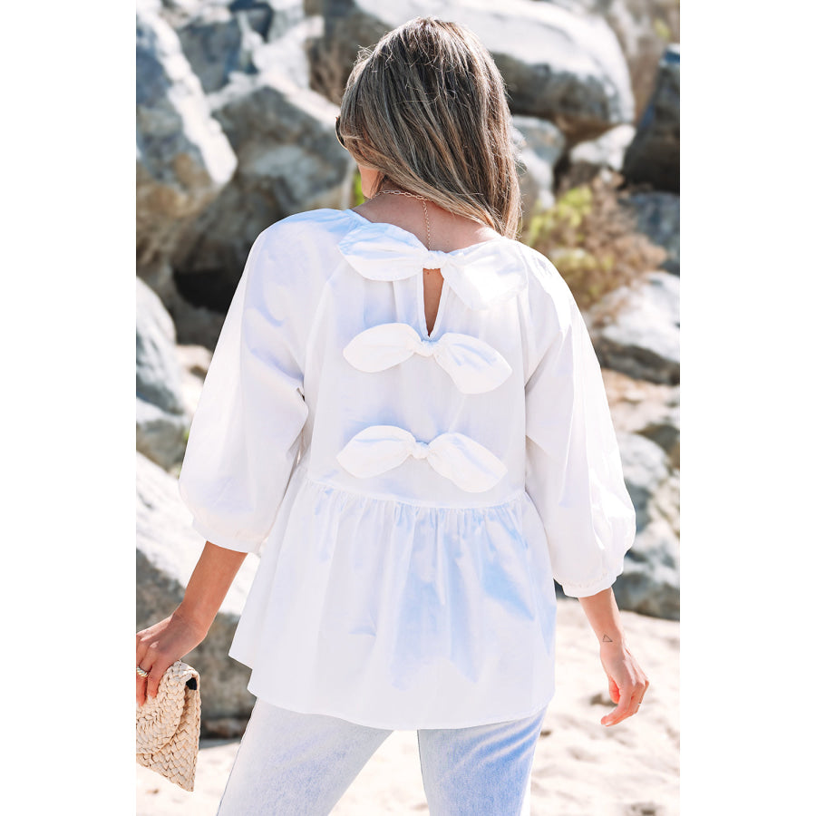 White Bow Knot Cutout Back Loose Fit 3/4 Sleeve Blouse Tops/Blouses & Shirts