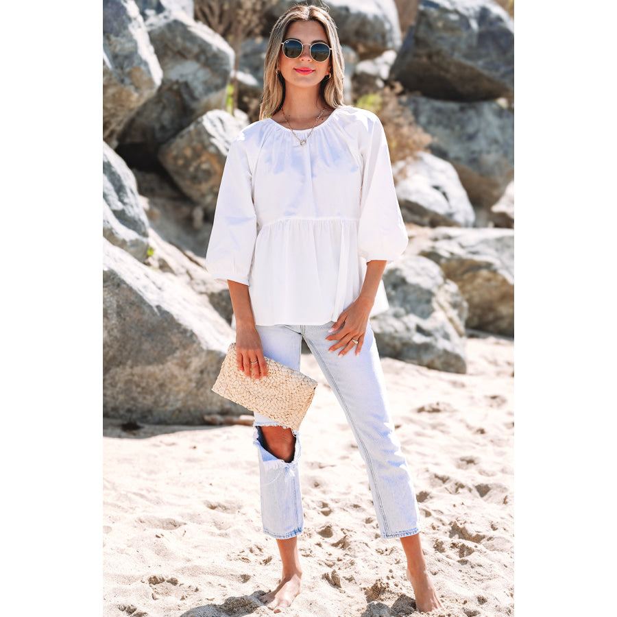 White Bow Knot Cutout Back Loose Fit 3/4 Sleeve Blouse Tops/Blouses & Shirts