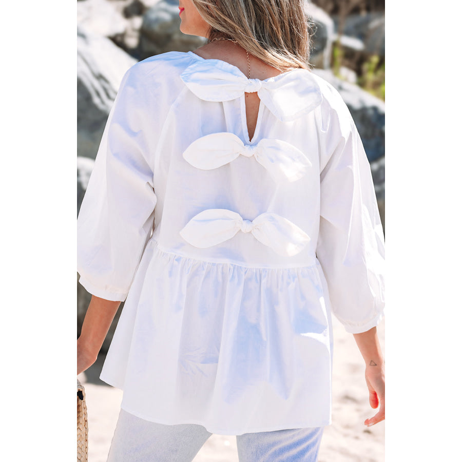 White Bow Knot Cutout Back Loose Fit 3/4 Sleeve Blouse Tops/Blouses & Shirts