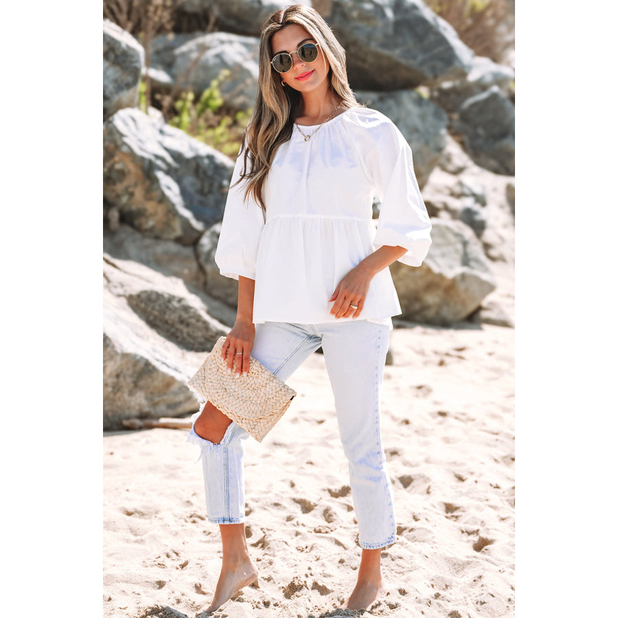 White Bow Knot Cutout Back Loose Fit 3/4 Sleeve Blouse Tops/Blouses & Shirts
