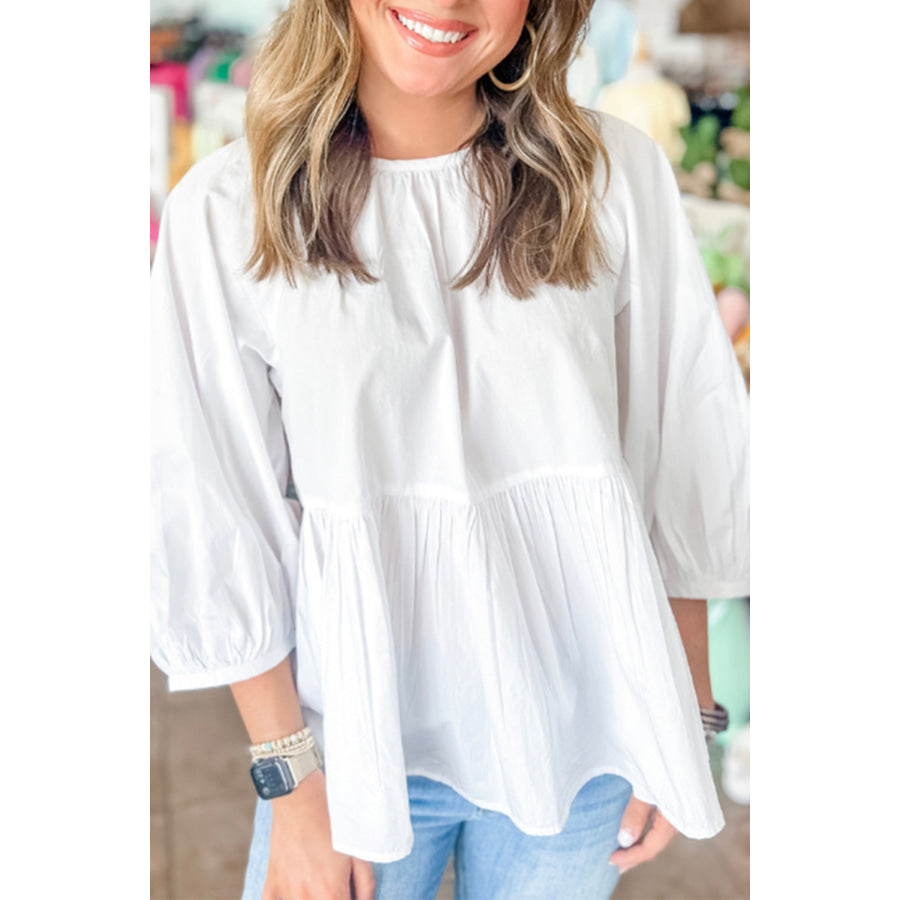White Bow Knot Cutout Back Loose Fit 3/4 Sleeve Blouse Tops/Blouses & Shirts