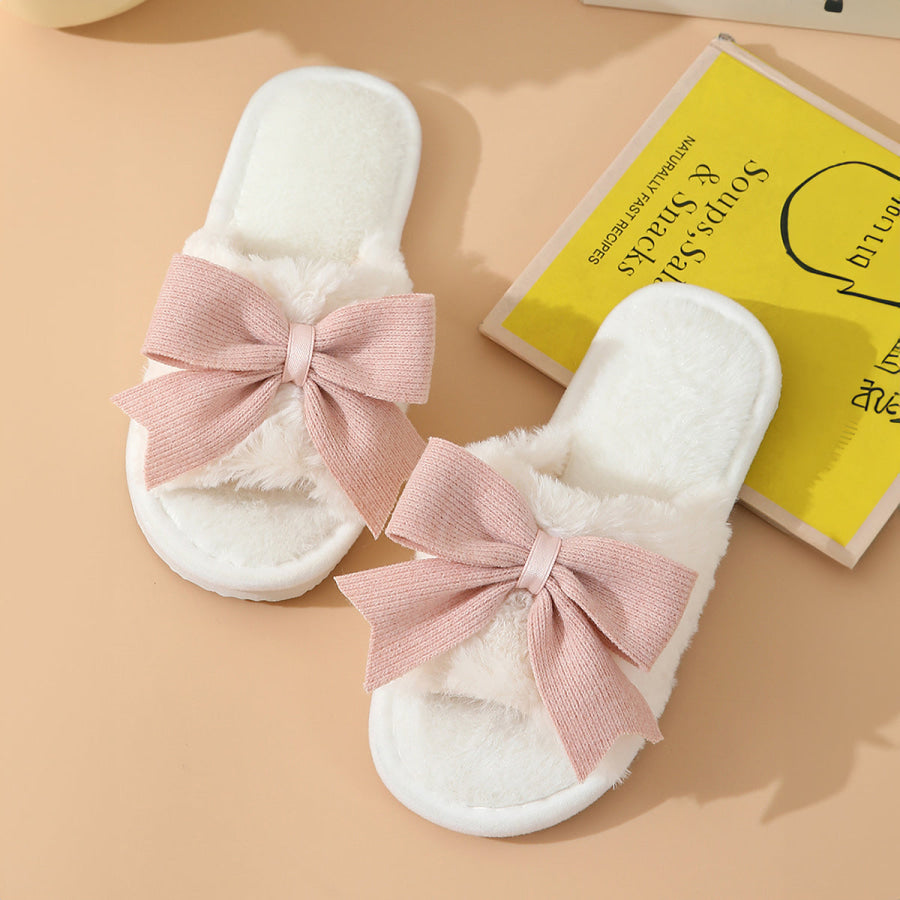 White Bow Knot Decor Open Toe Plush Slippers Shoes & Bags/Slippers