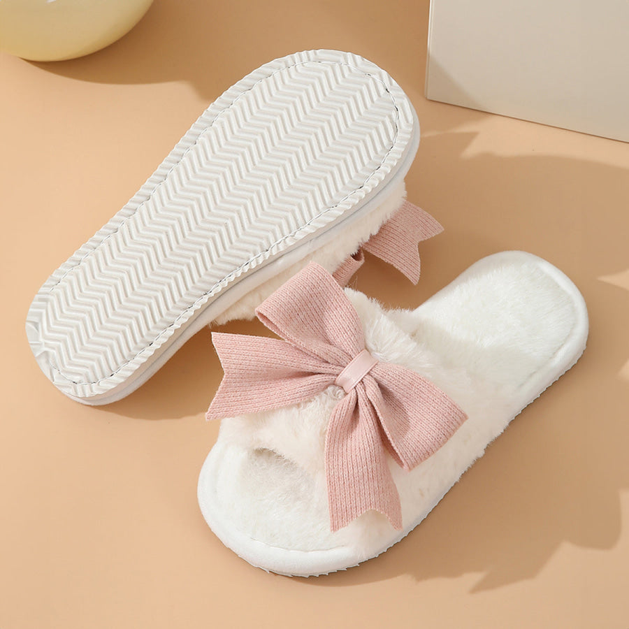 White Bow Knot Decor Open Toe Plush Slippers Shoes & Bags/Slippers